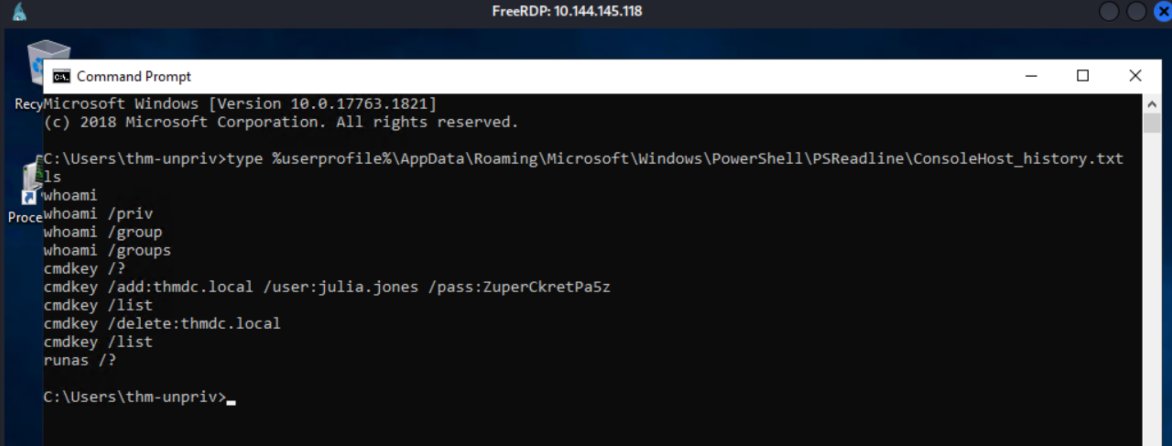 PowerShell history revealing Julia Jones password in plaintext